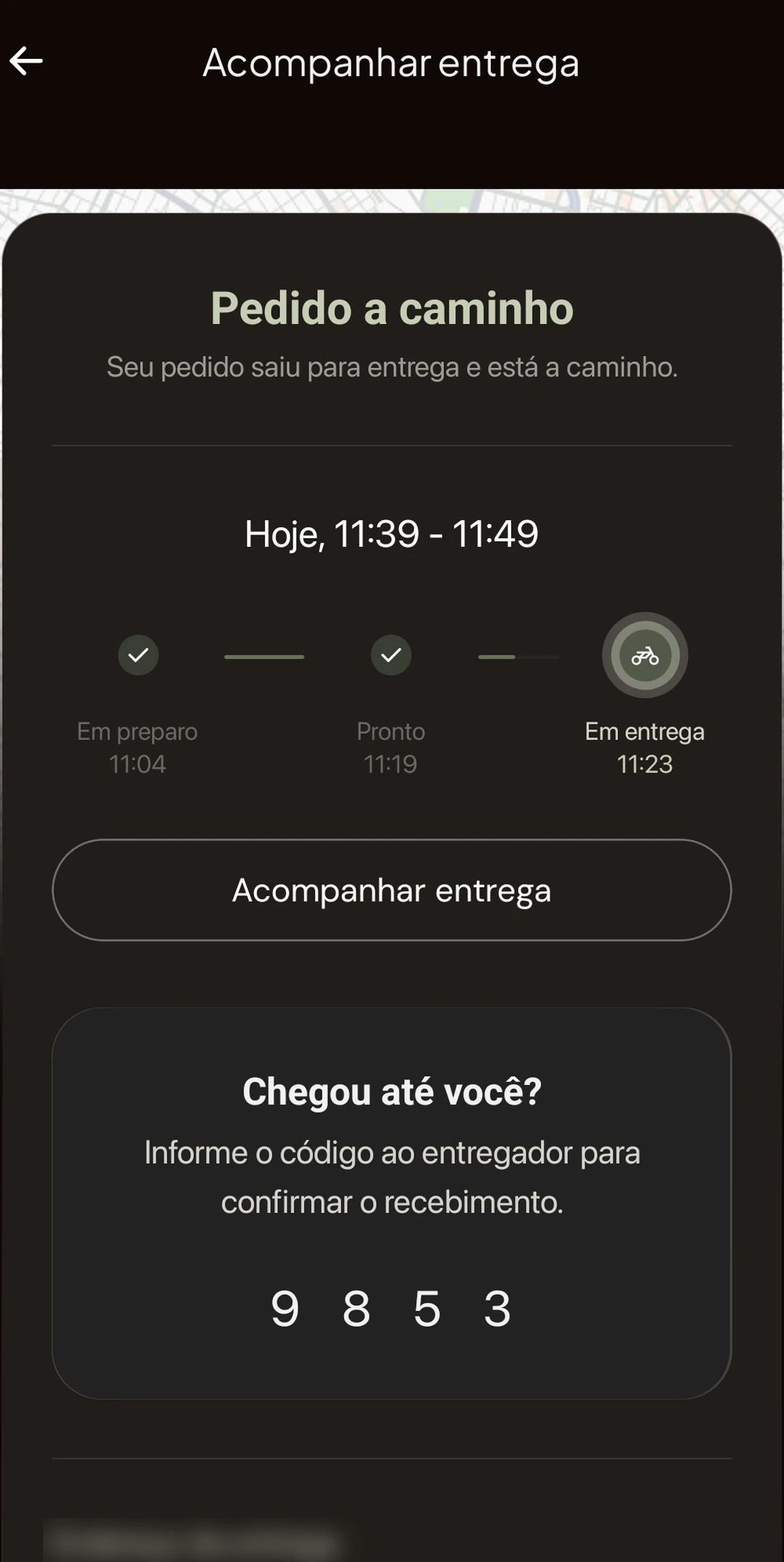 Tela de acompanhamento da entrega no app Attivo com status e código de confirmação