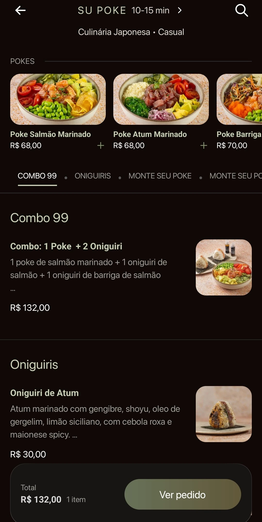 Cardápio de um restaurante no app Attivo com pokes, combos e total do pedido